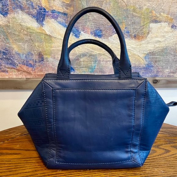 Jonathan Adler purse dark blue leather top handle geometric pattern tote - Picture 3 of 13